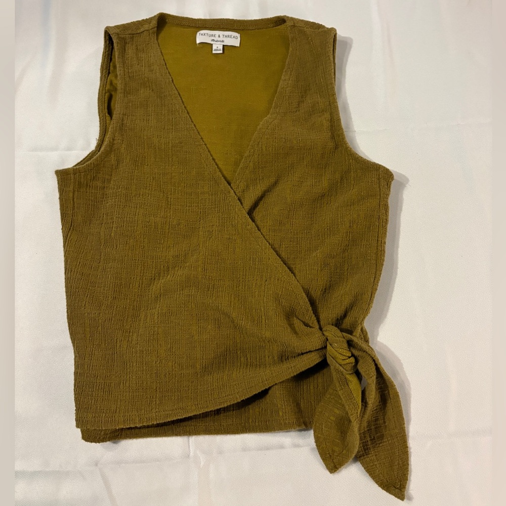 Madewell Olive Sleeveless Faux Wrap Blouse